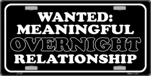 "Wanted: Meaningful Overnight Relationship" License Plate